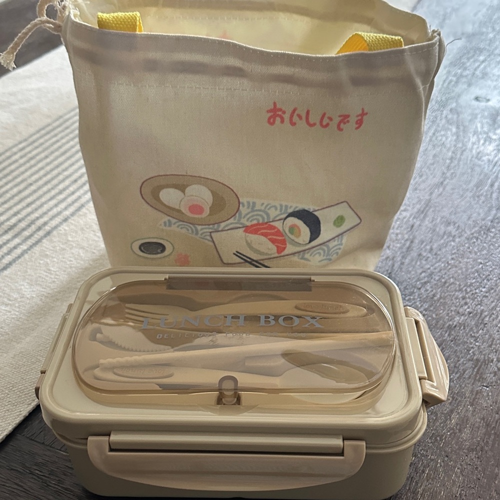 Beige Lunch Box with Utensils and Bag